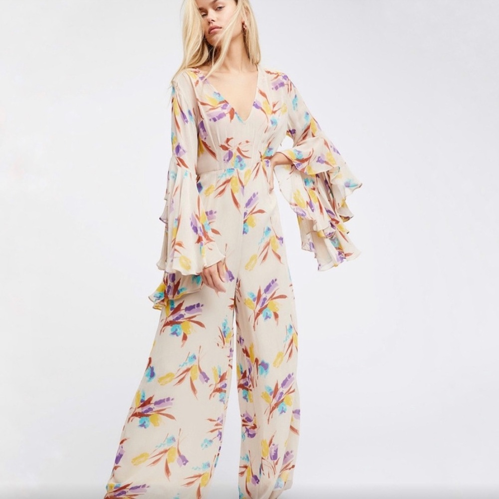BY TIMO tulip V-neck wide leg jumpsuit floral boho Free People viscose tan